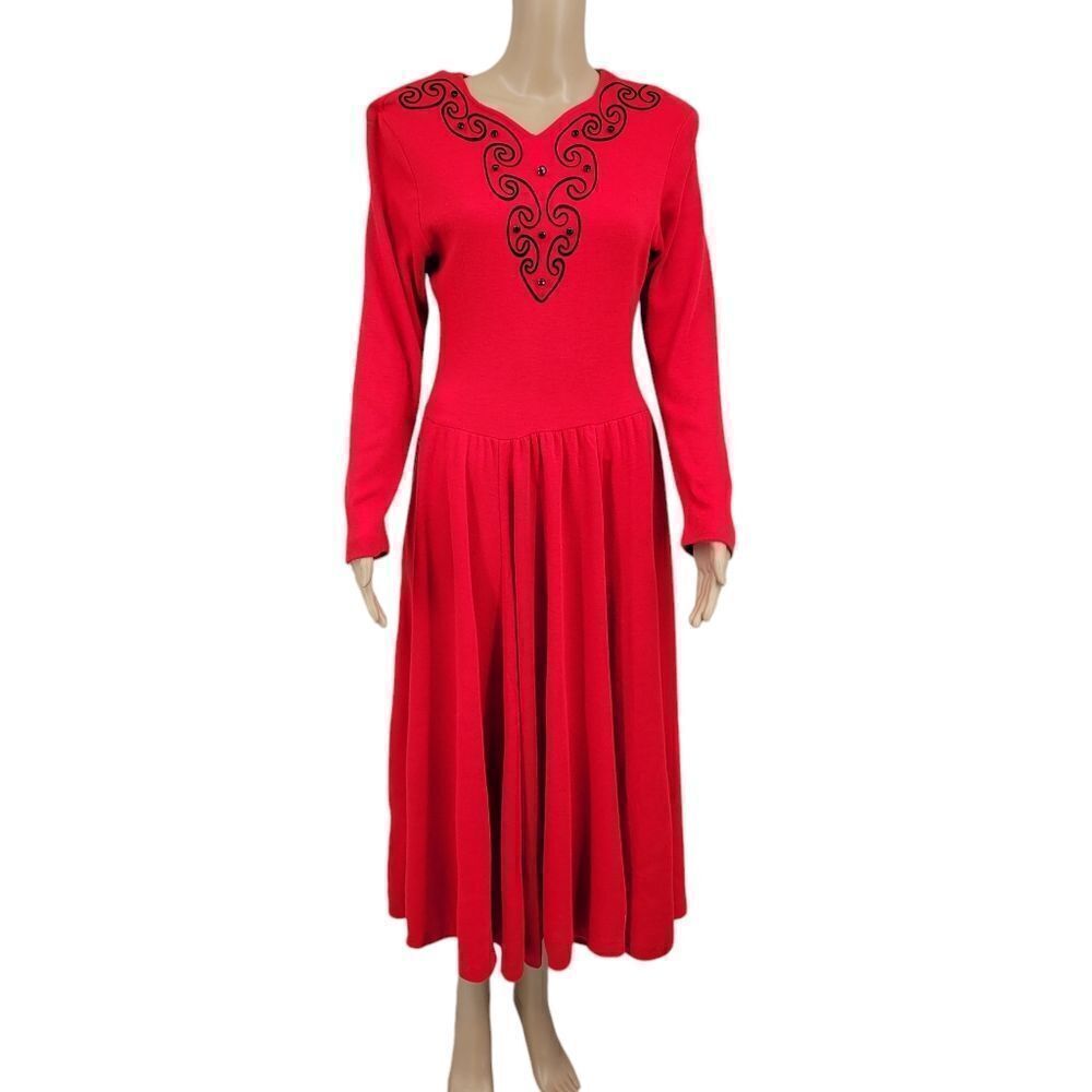 Expo Vintage Bright Red Fit & Flare Party Dress Long Sleeves Wool Blend Women's